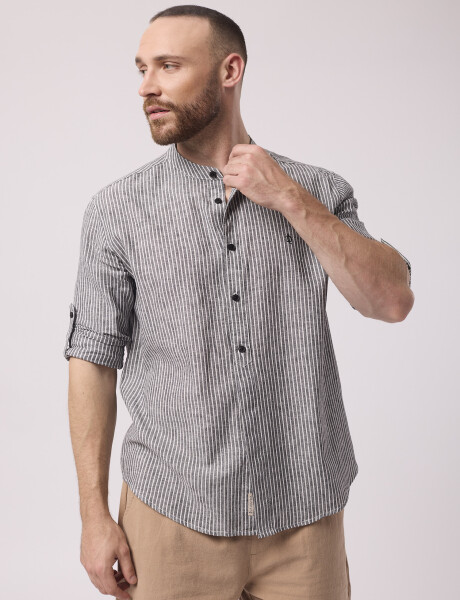 Camisa m/l lino rayada negro