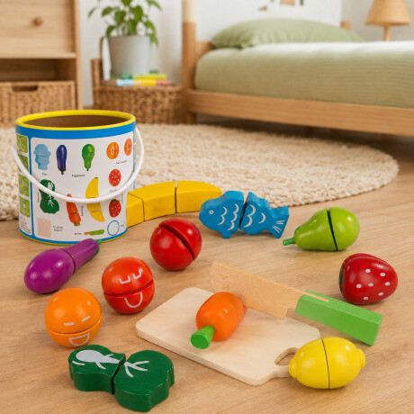 Balde con Frutas de Madera para Cortar con Velcro Balde con Frutas de Madera para Cortar con Velcro