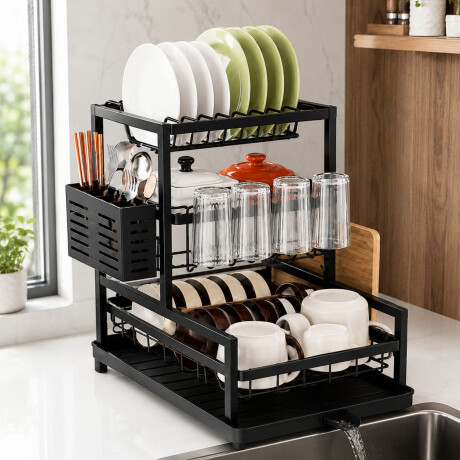 Escurridor Platos 3 Pisos Drenaje Automatico Porta Cubiertos Negro