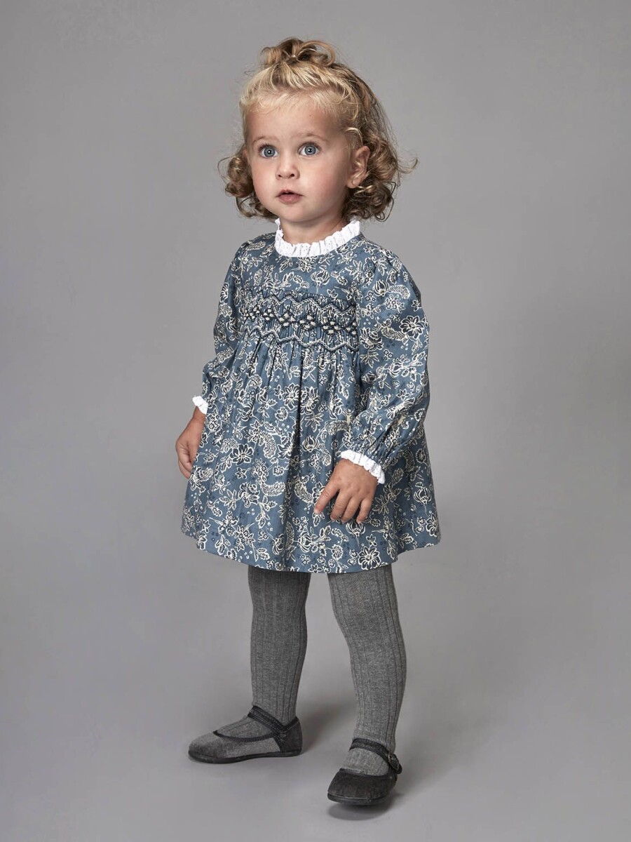 Vestido De Flores Con Smock Gris Azulado