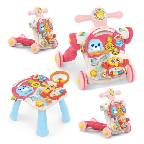 Caminador 4en1 Monopatín Buggy Mesa de Juegos Música Huanger Rosa