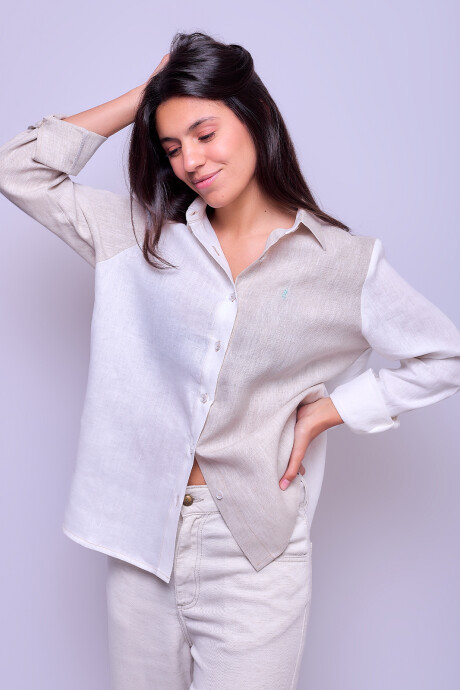 Camisa Suspiro en Lino Combinada Blanco con Beige