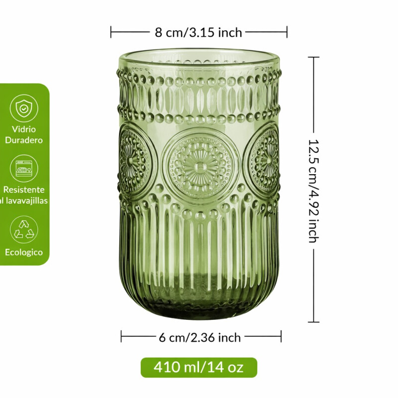 Vaso de Vidrio Labrado Largo Set 6 Unidades Verde