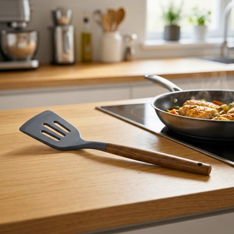 Espatula Ranurada silicona 31cm mango Acacia Gris GRIS
