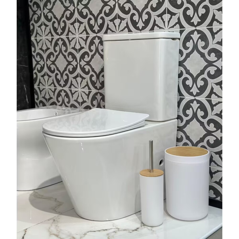 Set de baño 6 pz blanco y madera (papelera-dispensadores) Set De Baño 6 Pz Blanco Y Madera (papelera-dispensadores)