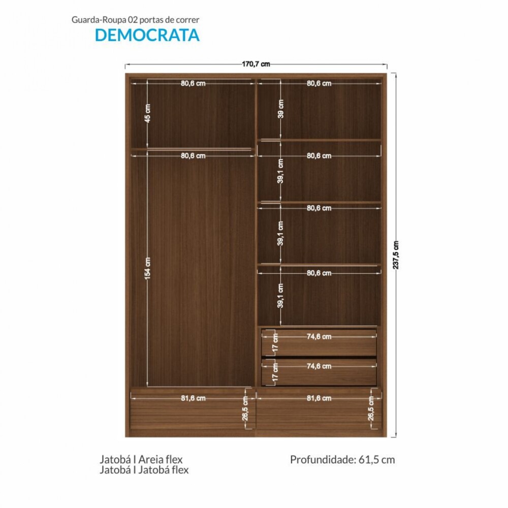 Ropero Demócrata 2 Puertas Corredizas y Espejo - Linea Fit Marrón/Arena