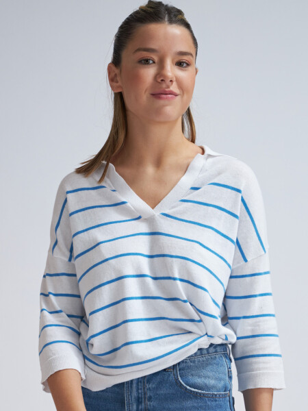 Sweater tejido cuello polo Blanco Con Turquesa