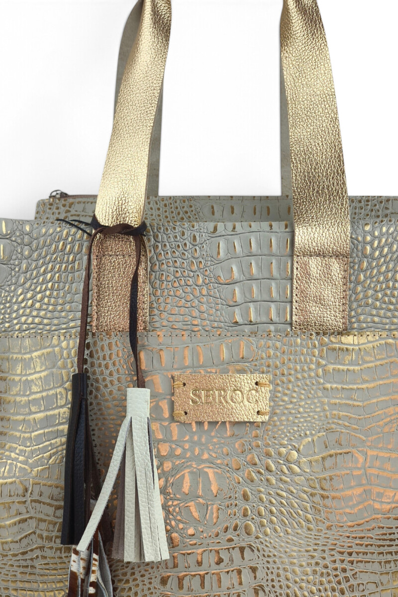 Bolso Tote de Cuero Vacuno y Pelo Natural Croco beige y dorado