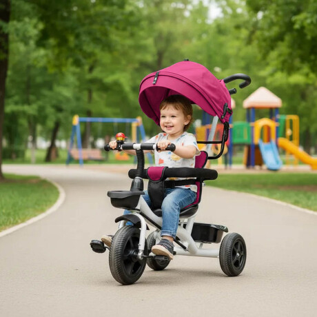 Coche Triciclo A Pedal C/ Guía, Capota Y Accesorios Fucsia
