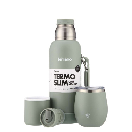 Kit Termo 750Ml. Slim Con Manija + Mate De Acero Con Tapa Oliva