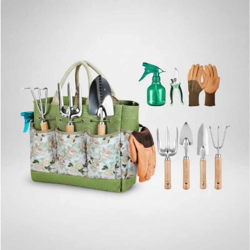 Kit Herramientas De Jardinería Huerta 9 Piezas + Bolso Multicolor
