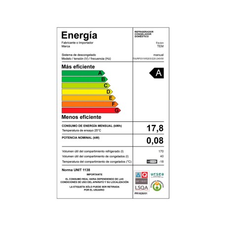 Heladera Tem Turdf 31 217 lts Cat a 001