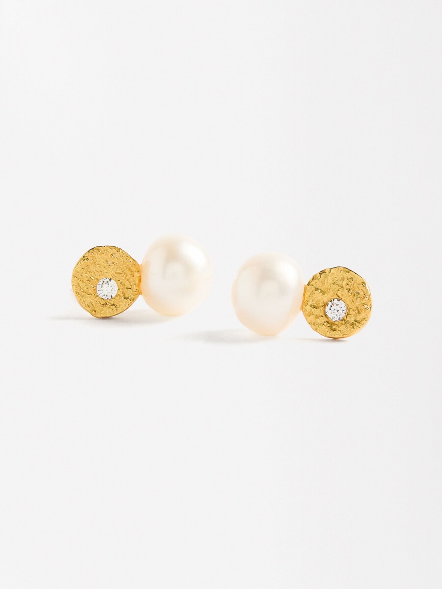 Pendientes Cortos Con Perlas De Agua Dulce Y Circonitas - Plata De Ley 925 dorado