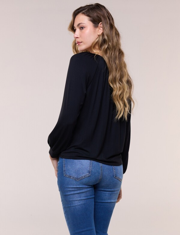 Blusa Modal Escote Fruncido Y Mangas Largas NEGRO