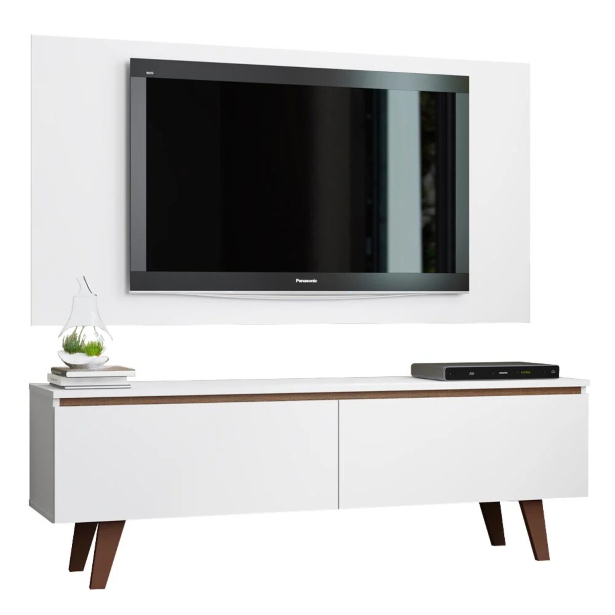 Rack TV mueble Lumax + panel rústico con estantes 55” - Blanco/Blanco 