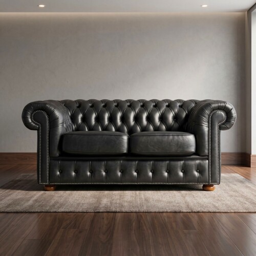Sillón 100% Cuero - 2 Cuerpos - Chesterfield Negro