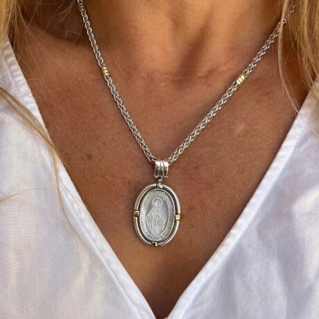 Medalla Virgen Milagrosa Nacar 4 Apliques - Plata y Oro Medalla Virgen Milagrosa Nacar 4 Apliques - Plata y Oro