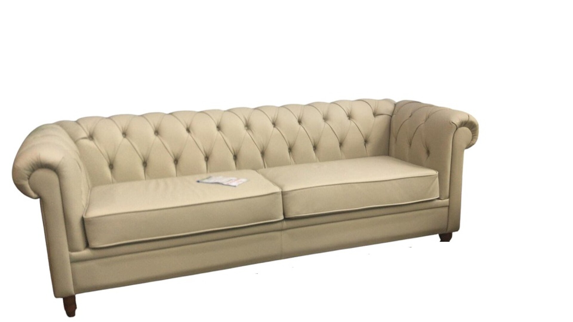 Sofa clasico 3 cuerpos - 100% Cuero color perla - Patas madera clara 