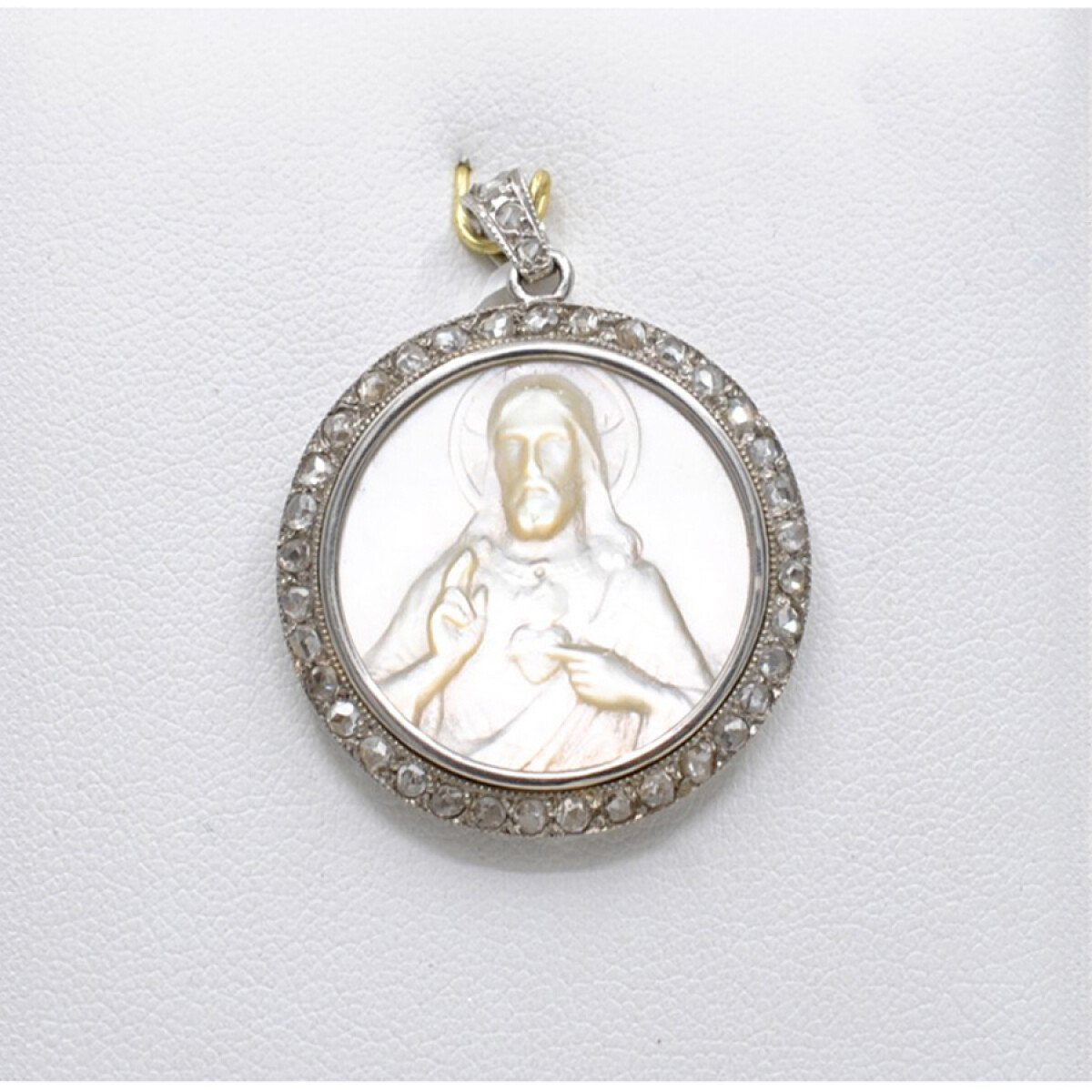 Medalla Estilo Antiguo Platino, Diamantes Y Nacar Con Imagen Sagrado Corazon 