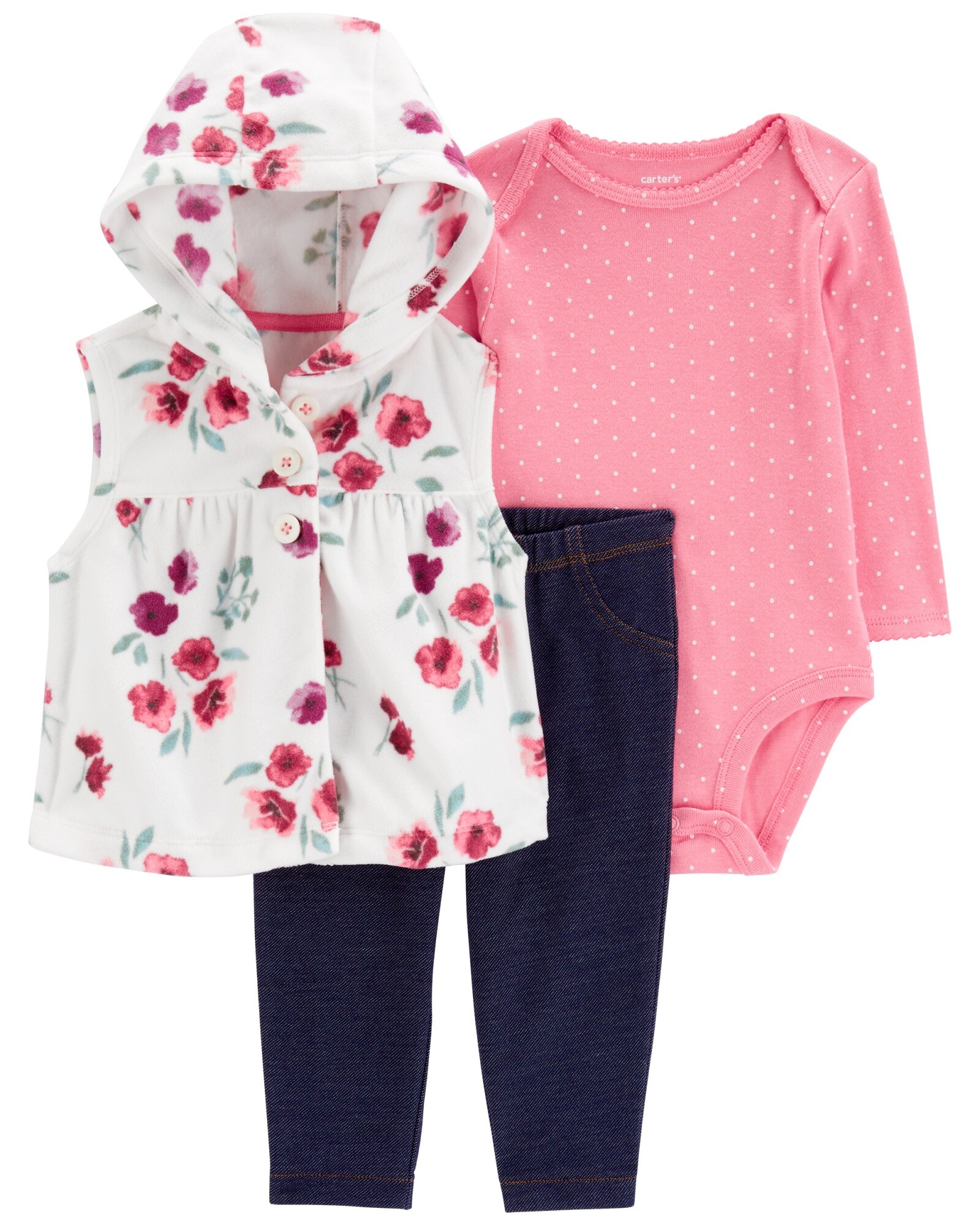 Set tres piezas, chaleco de micropolar, pantalón y body de algodón, diseño floral Sin color