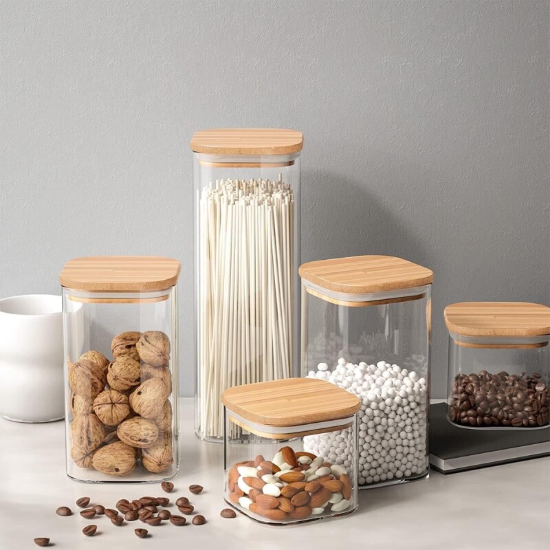 Frasco contenedor de vidrio rectangular tapa madera 1500ml
