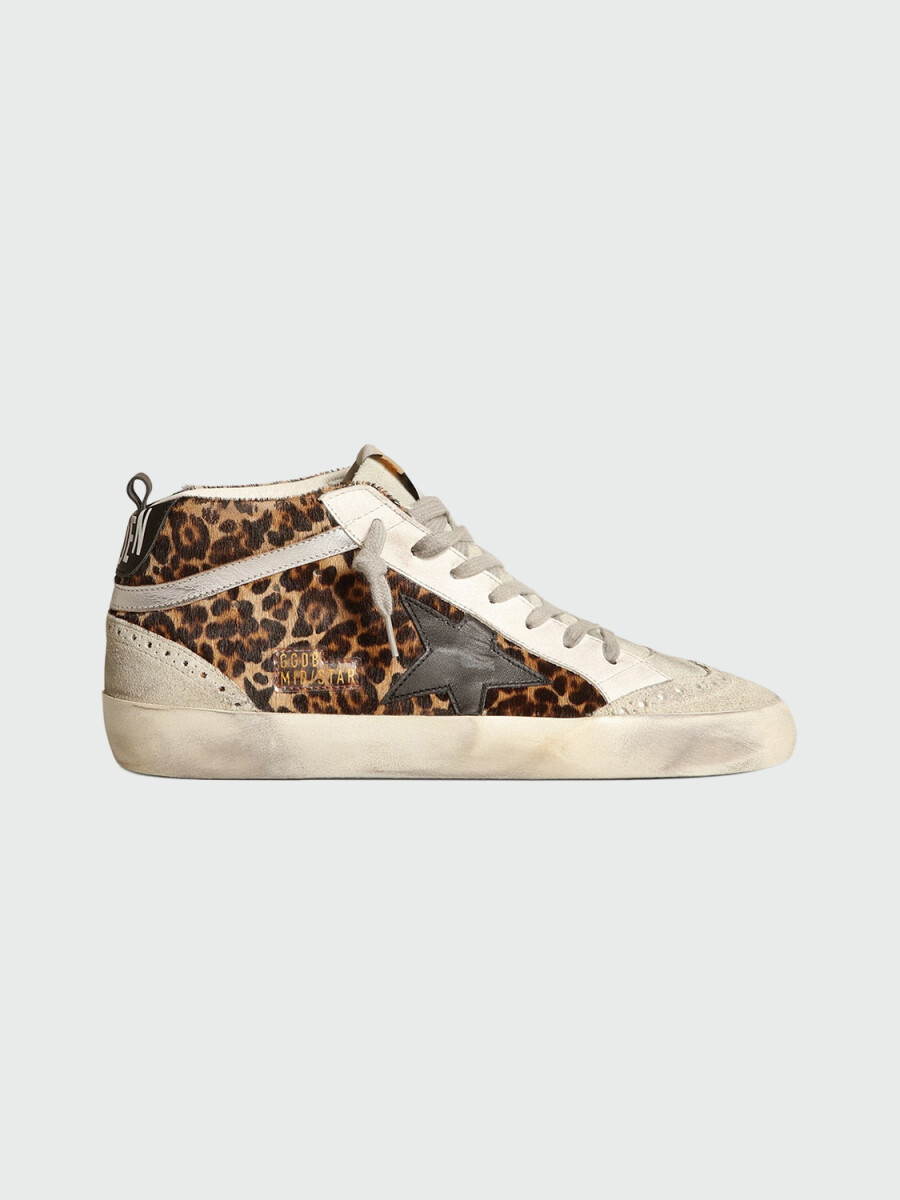GOLDEN GOOSE - Zapatillas Mid Star de piel con estampado leopardo y estrella negra 