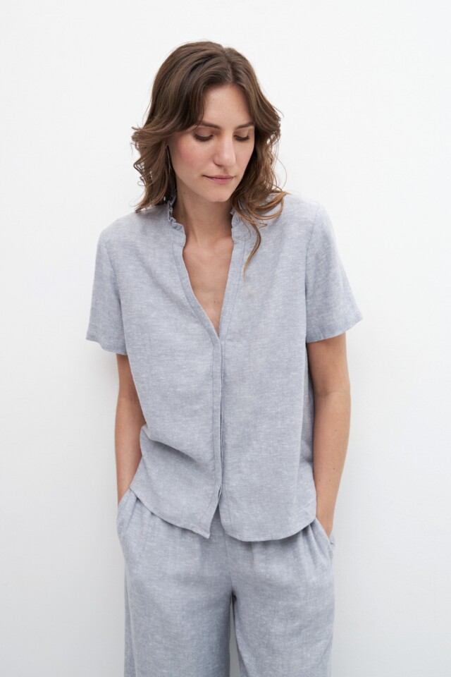 Blusa de lino con volados gris melange