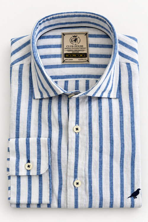 Camisa Lino Short Collar Rayas Azul Riviera