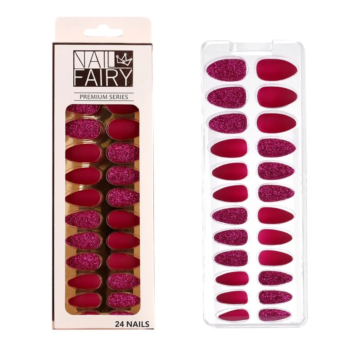 Set De Uñas Postizas Lisa Punta Ballerina Brillos - Rojo 