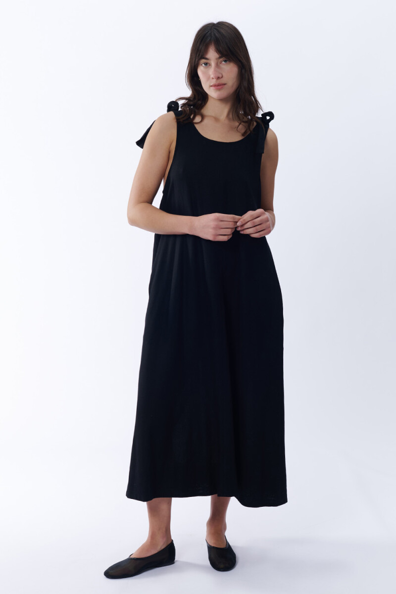 Vestido de lino largo con lazo - Negro 