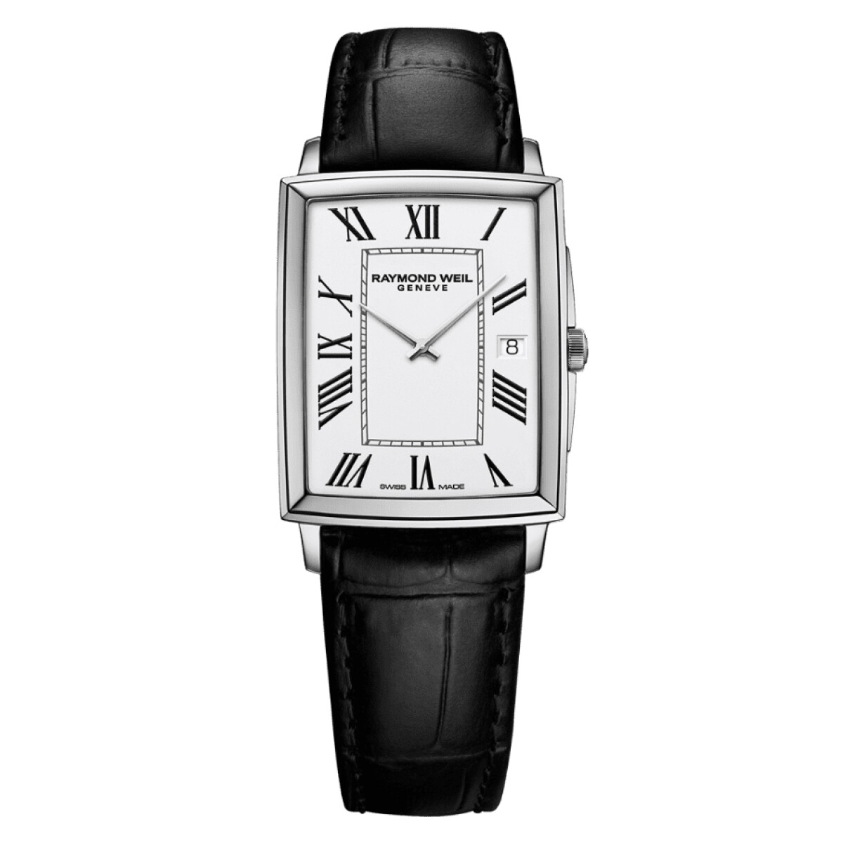 Reloj Raymond Weil Toccata rectangular con correa de cuero negra y esfera blanca 