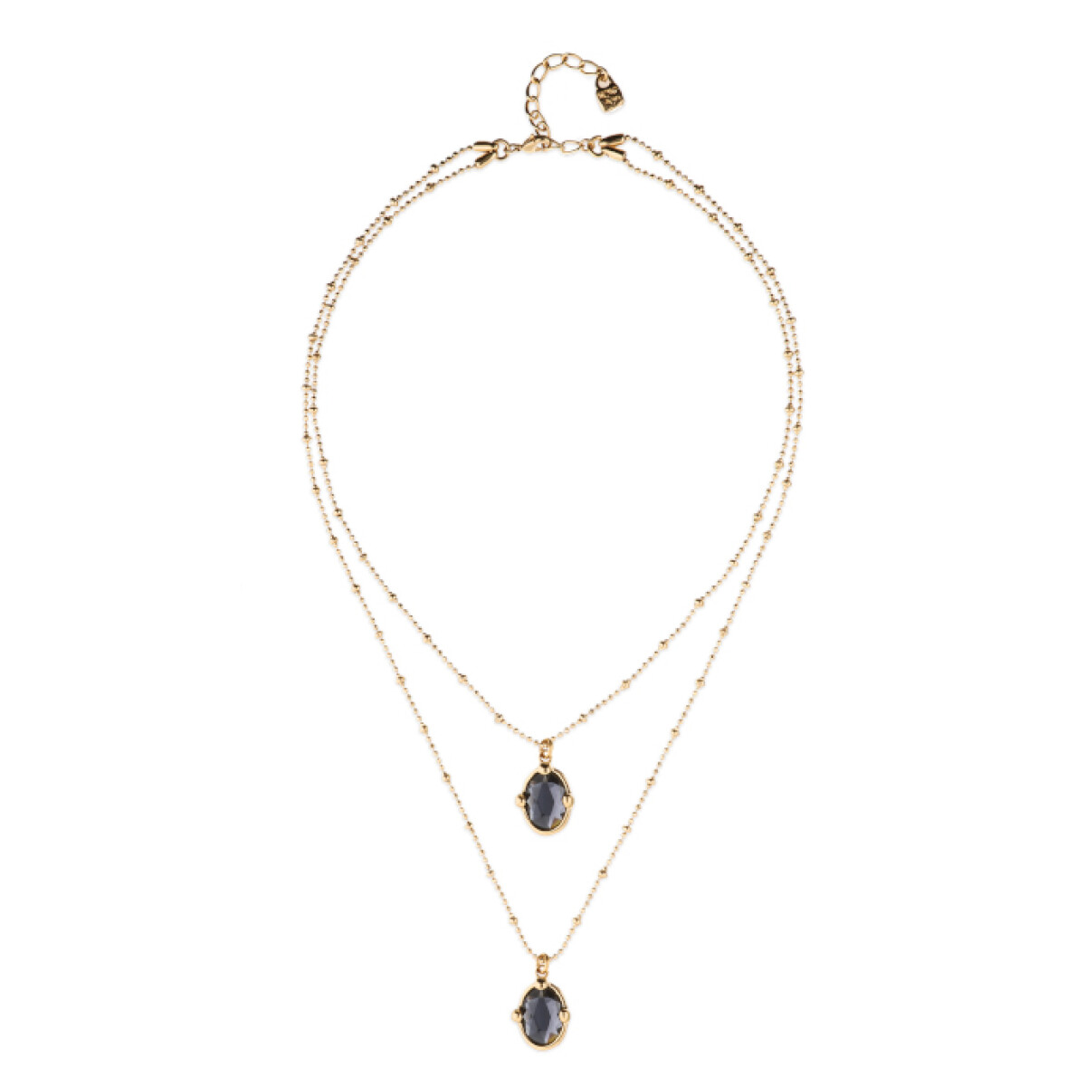 COLLAR DOBLE DE ALEACIÓN DE METALES BAÑADO EN ORO Y 2 CRISTALES FACETADOS PEQUEÑOS - Colgante 