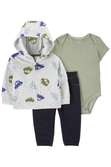 Set tres piezas, campera de micropolar, pantalón jean y body de algodón Set tres piezas, campera de micropolar, pantalón jean y body de algodón