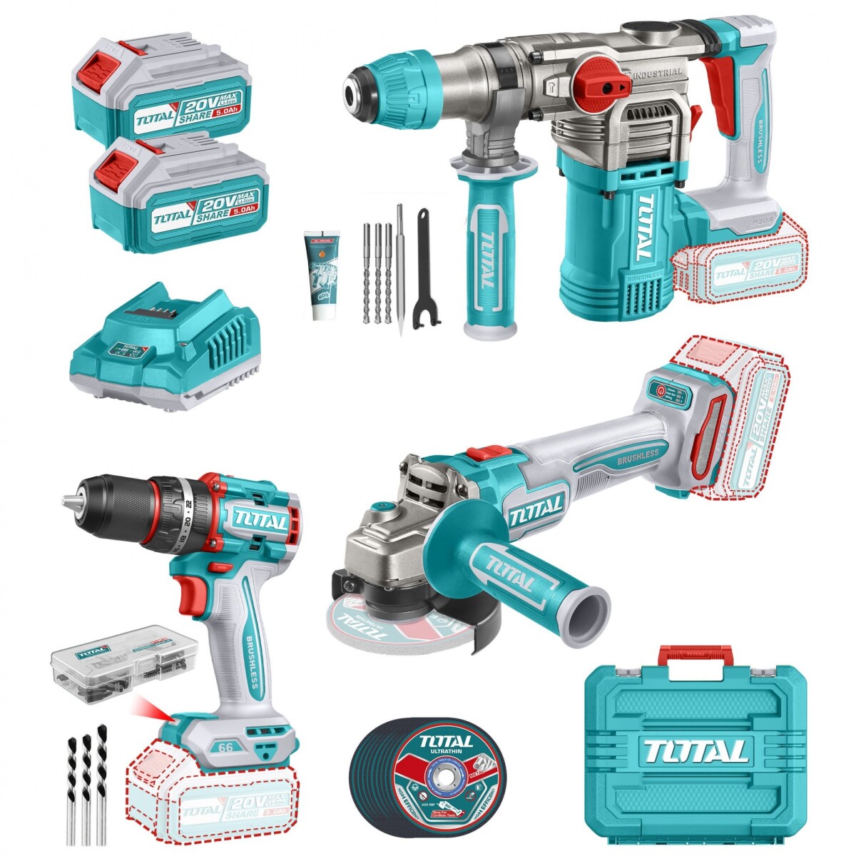 Kit Línea 20v Sin Carbones: Atornillador Con Percutor 66NM + Rotomartillo 4.5J + Amoladora 4.1/2" - 2 Baterías 5.0Ah 