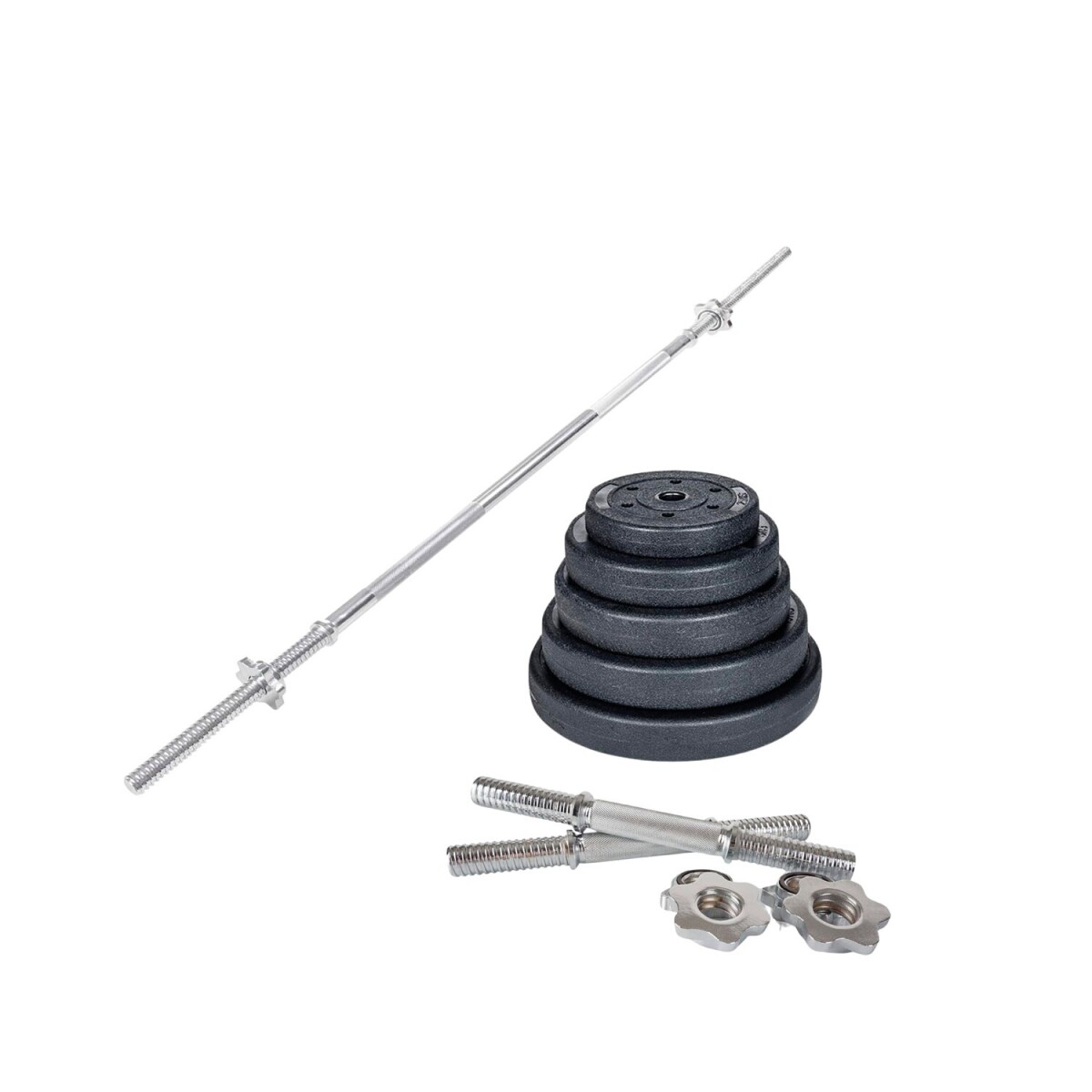Kit 2 mancuernas + barra recta 150cm + 20 kg - 2x5Kg 2x2.5Kg 4x1.25Kg 