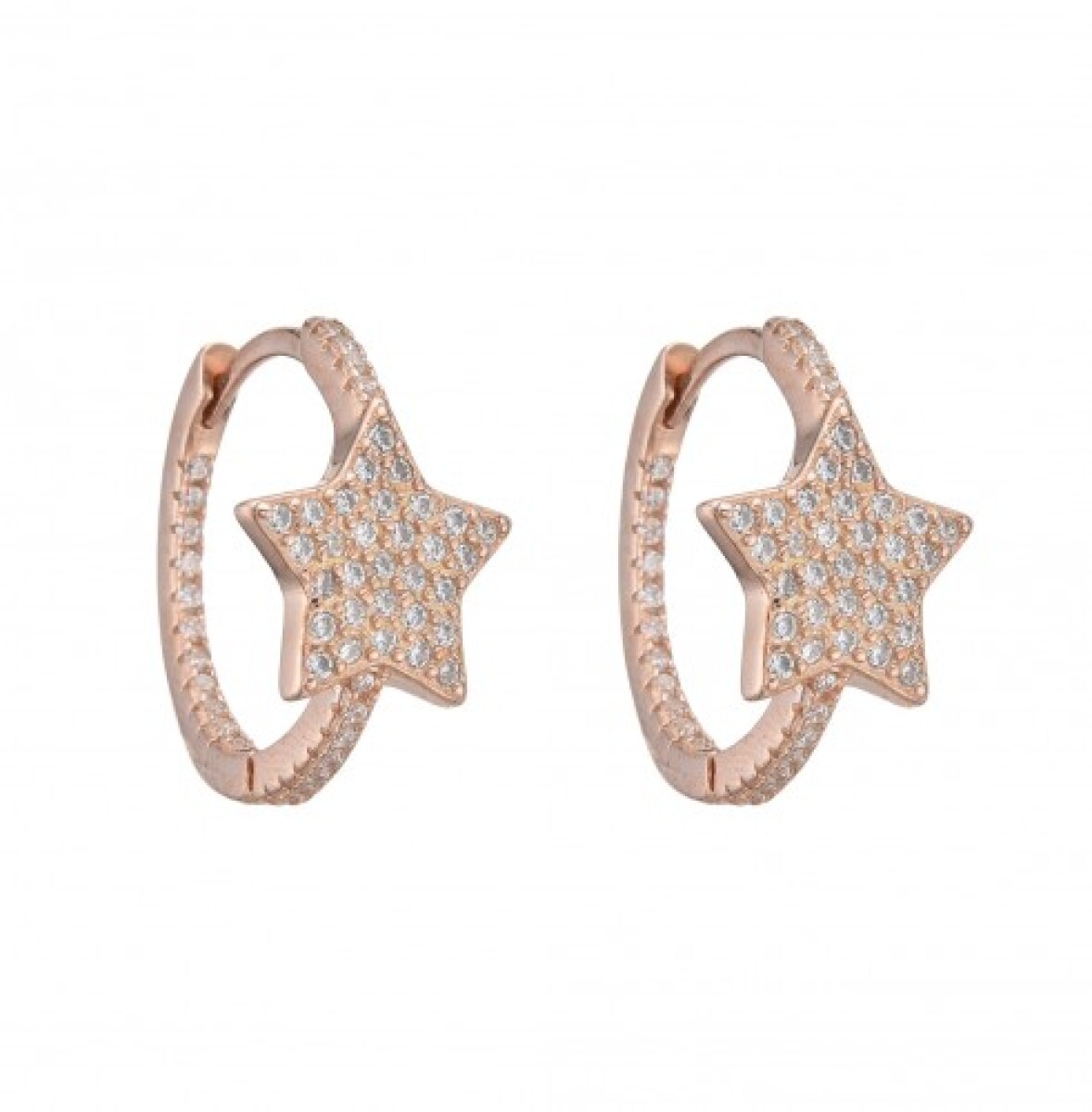 Par de aros de plata 925 con baño de oro rosado y circonias, ESTRELLA. 
