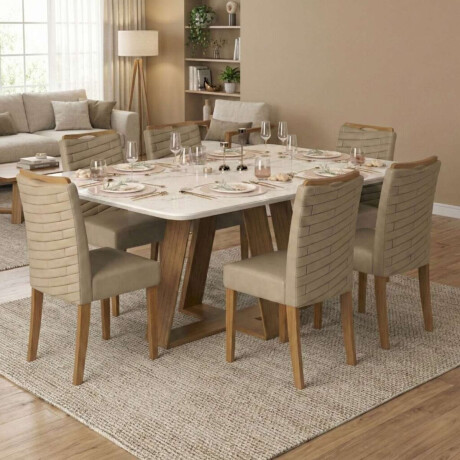 Juego De Comedor 6 Sillas + Mesa Vidrio Celeste Marron | Beige