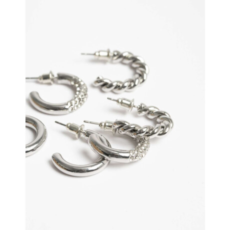 Set De Argollas Con Strass Plateado Rodio