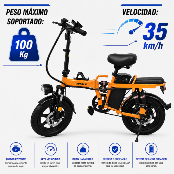 Bicicleta Eléctrica Sg04 Pl 16" 500w 100kg 35kmh NARANJA