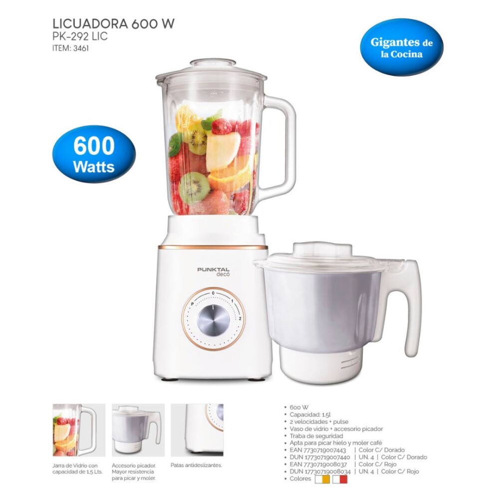 Licuadora - 600W 1,5L con Vaso de Vidrio y Picador - Punktal Licuadora - 600W 1,5L con Vaso de Vidrio y Picador - Punktal