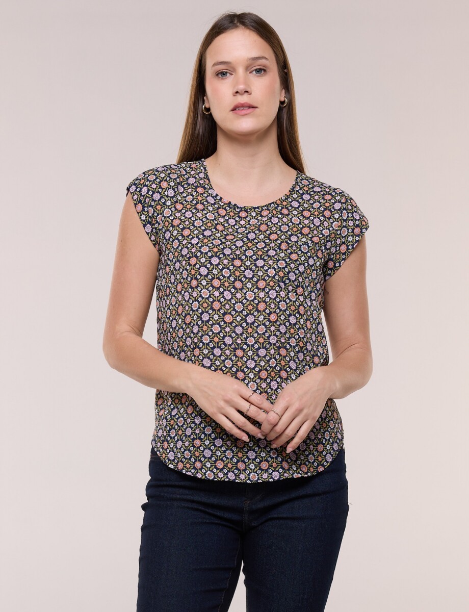 Blusa De Gasa Manga Corta Con Bolsillo Frontal - Multi/azul 