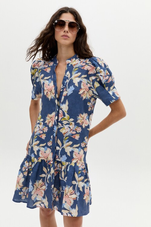 Vestido Corto Athina en Lino Blue Poppy Print