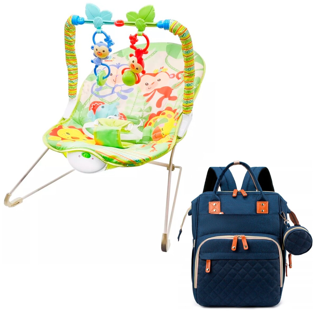 Silla Mecedora Bouncer Bebé + Mochila Maternal Impermeable - Variante Color Verde Azul 
