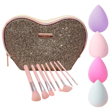 Set Maquillaje 8 Brochas y Pinceles con Estuche + Esponjas Dorado