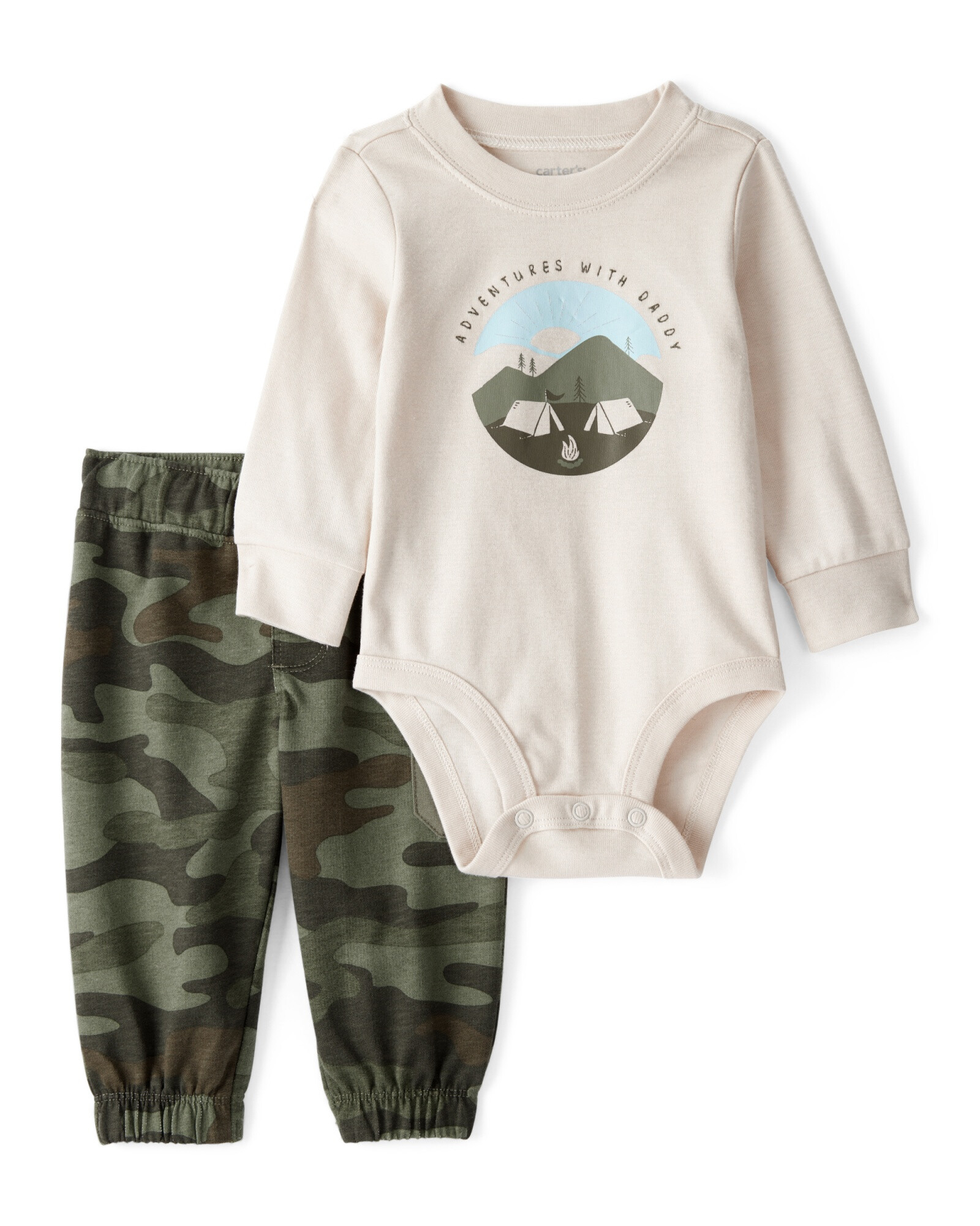 Set dos piezas de algodón, pantalón y body, diseño camping Set dos piezas de algodón, pantalón y body, diseño camping