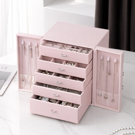 Joyero organizador con cajones y puertitas - 21x17x24cm Rosado