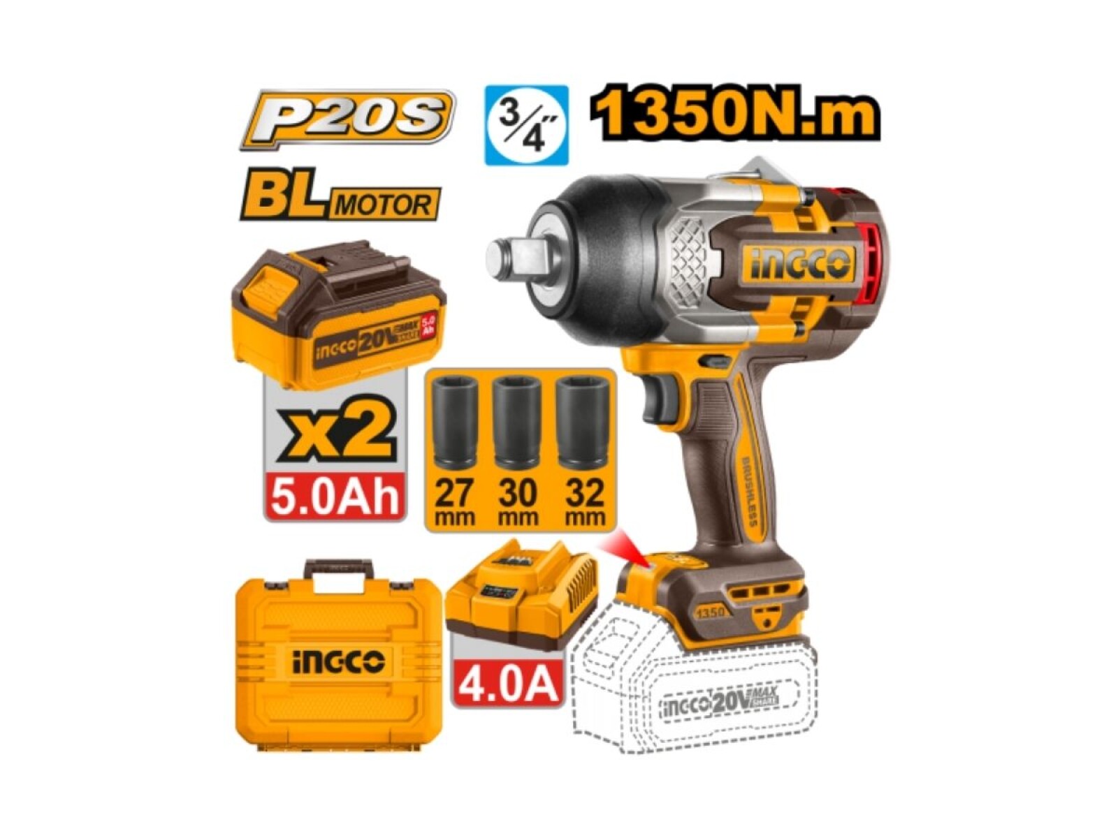 LLAVE DE IMPACTO A BATERÍA 20V P20S 3/4" 1350NM C/2BATERÍAS, CARGADOR, VALIJA + 3DADOS 27, 30, 32MM 