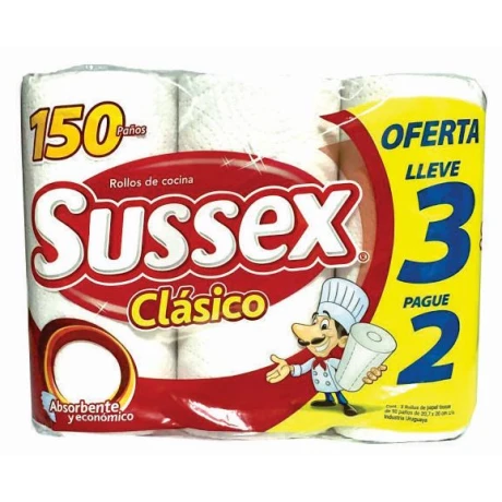 TOALLA COCINA SUSSEX CLASICO 3X2 ROLLOS 150 PAÑOS TOALLA COCINA SUSSEX CLASICO 3X2 ROLLOS 150 PAÑOS