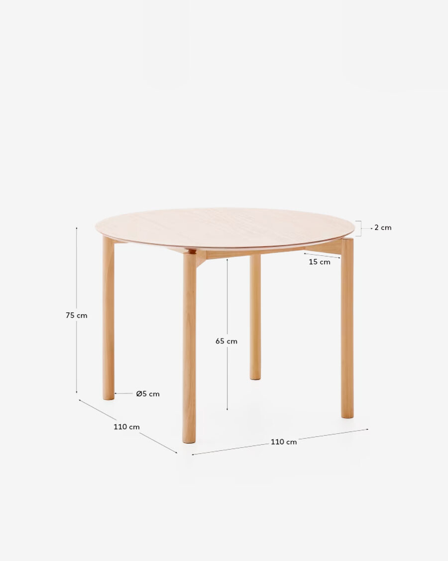 Mesa Indara redonda de chapa de fresno y madera maciza de caucho con acabado tono natural Ø110cm