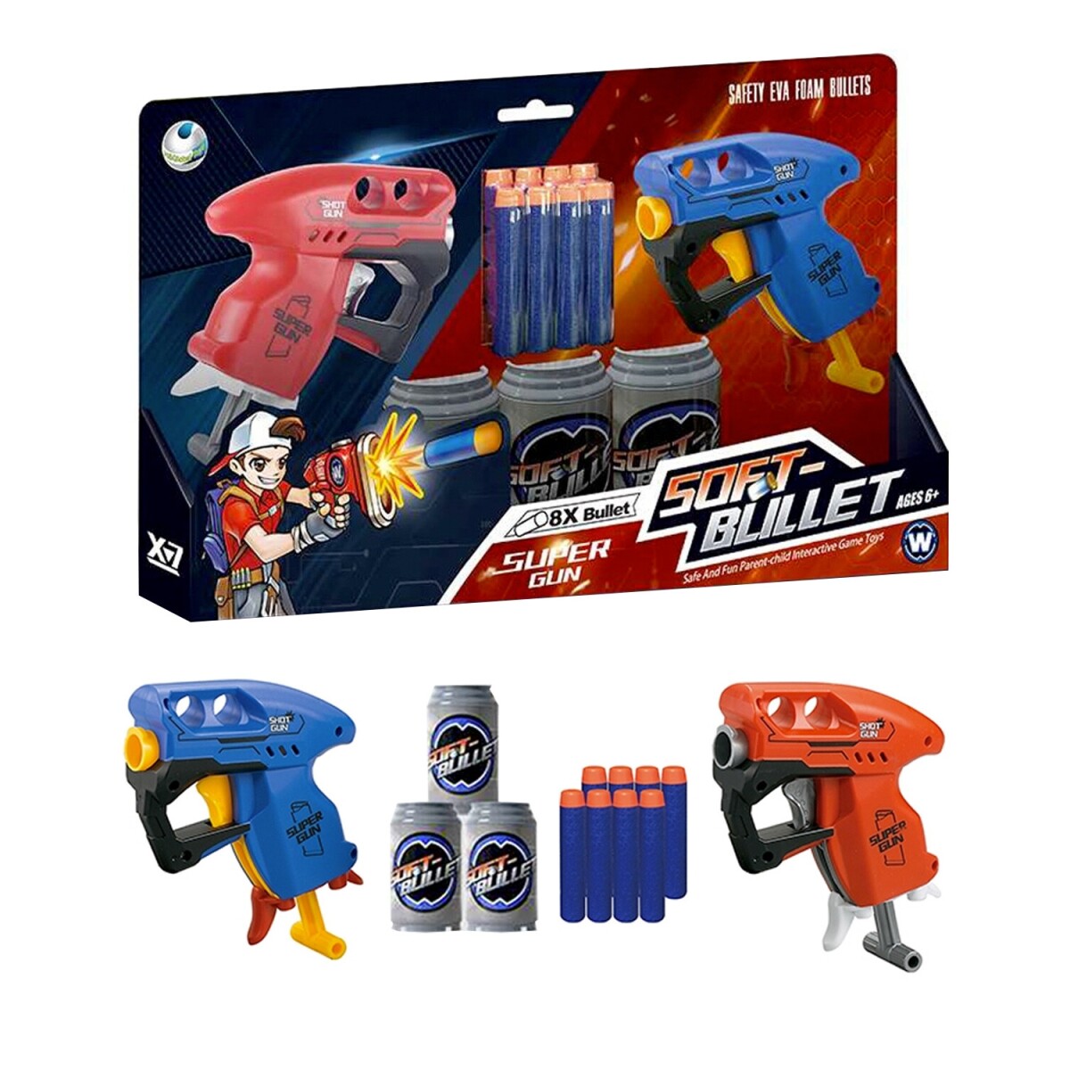 Set de 2 pistolas de dardos Soft Bullet + 8 dardos y 3 latas 